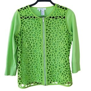 Per Se Zip Front Lacey Cardigan Jacket Size Small Bright Green Preppy Office